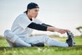 Baseball stadium, stretching or sports man on field ready for training match on a pitch or grass in summer. Softball Royalty Free Stock Photo