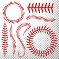 Baseball Stitches Vector Set. Baseball Red Lace Isolated On Transparent Background. Seam Baseball Ball, Seam Of Red Thread Illustr