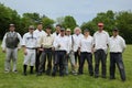 Baseball team in 19th century vintage uniform during old style base ball play following the rules and customs from 1864 Royalty Free Stock Photo