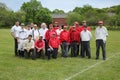 Baseball team in 19th century vintage uniform during old style base ball play following the rules and customs from 1864 Royalty Free Stock Photo