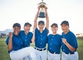 Baseball, team trophy and winning portrait with women outdoor on a pitch for sports competition. Professional athlete or