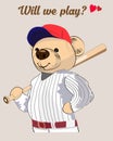 Baseball teddy bear. For design posters and cards