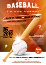 Baseball tournament poster template with ball and bat Royalty Free Stock Photo