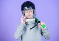 Baseball training concept. Boy in helmet hold baseball bat. Sport and hobby. Care about safety. Teenager boy likes Royalty Free Stock Photo