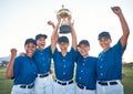 Baseball, trophy and winning team portrait with women outdoor on a pitch for sports competition. Professional athlete or