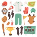 Baseball vector catchers sportswear and batters baseballbat or ball for competition on field illustration set of Royalty Free Stock Photo