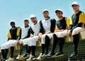 Baseball is what brings us together. Cropped portrait of a team of handsome young baseball players sitting near a Royalty Free Stock Photo