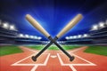 Baseball wooden bats with baseball stadium in motion blur