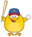 Baseball Yellow Chick Cartoon Character Swinging A Baseball Bat And Ball