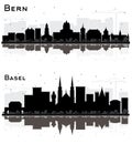 Basel and Bern Switzerland City Skylines Silhouette Set with Black Buildings