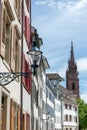 View of the historic old city center in downtown Basel with the cathedrail in the background