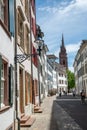 View of the historic old city center in downtown Basel with the cathedrail in the background