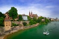 Basel with red stone Munster cathedral and the Rhine river, Switzerland, Europe. View of the Old Town of Besel. City centre with g Royalty Free Stock Photo