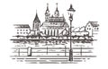 Basel skyline sketch, embankment by the riverhand Basel, Switzerland drawn illustration