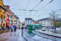 Cloudy and reiny day on Barfusserplatz square in Basel, Switzerland