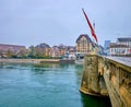 Mittlere Brucke across Rhine river, on April 1 in Basel, Switzerland