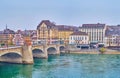 New Town side of Basel and Mittlere Brucke on rainy day, on April 1 in Basel, Switzerland