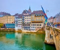 Old Town district riverside buildings and Mittlere Brucke bridge, on April 1 in Basel, Switzerland