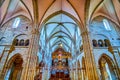 The Prayer hall of Basel Minster Cathedral with stone arcades and rib-vaulted ceiling, on April 1 in Basel, Switzerland