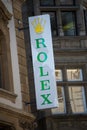 Rolex logo on signboard on jewelry front in the street Royalty Free Stock Photo