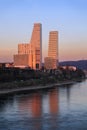 The twin tower of the Roche Tower with refflection over the Rhine River Royalty Free Stock Photo