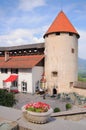 Basement courtyard and tower of ancient fortress. Bled castle, Slovenia Royalty Free Stock Photo