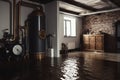 Basement with a flooded interior and a boiler. Generative AI