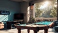A Basement Game Room With A Pool Table. Dartboard. And Vintage Arcade Games. Generative AI