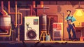 Basement house with boiler and pipes. Plumber repairs electric heating system. Modern cartoon of boiler room with heater Royalty Free Stock Photo