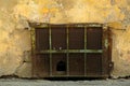 Basement of an old building with falling plaster covered with rusty grid. Street level window block with grid.