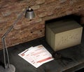 Basement table with box and top secret file. Table lamp, magnifying glass and pencil. Important sheets and documents