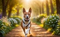 A lively and adorable Basenji dog is happily running in the garden!