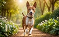 A lively and adorable Basenji dog is happily running in the garden!