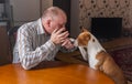 Basenji dog having hard conversation with master sitting at the table. The dog calms gesticulating man