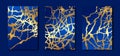 Set deep blue card of marble gold veins. Hand drawn golden ink abstract texture. Lapis lazuli color design for poster,