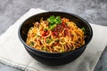 Bashu cold noodles topping with chilli paste, spring onion and sesame seeds served in bowl isolated on wooden table side view of Royalty Free Stock Photo