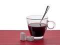 Basic black coffee and sugar cubes, like in cheap cafe