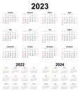 Basic calendar for year 2023 and 2022, 2024. Week starts on Sunday Royalty Free Stock Photo
