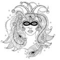 Vector girl face in outline clown cap, mask, peacock feathers, ornate collar and beads in black isolated on white background. Royalty Free Stock Photo