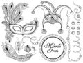 Vector set with outline clown or harlequin cap, black Venetian mask, peacock feather and ornate beads isolated on white background Royalty Free Stock Photo