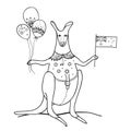 Vector outline kangaroo animal with Australian flag and balloon in black isolated on white background. Happy Australia day.