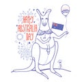 Vector outline kangaroo with Australian flag and balloon in blue and red isolated on white background. Happy Australia day.