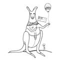 Vector outline kangaroo with Australian flag and balloon in black isolated on white background. Happy Australia day.