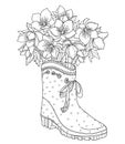 Vector bouquet with outline Hellebore or Helleborus or Lenten rose, bud and leaf in black in the rubber boot isolated on white. Royalty Free Stock Photo