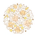Vector round bunch of outline Ginger root with slice in pastel isolated on white background. Spicy and culinary plant Ginger. Royalty Free Stock Photo