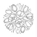 Vector top view round bouquet with outline tulip flowers, bud and ornate leaves in black isolated on white background.