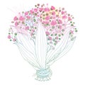 Vector bride bouquet of outline Gypsophila or Baby`s breath branch, bud and elegant flower in pastel pink isolated on white.