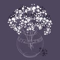 Vector bouquet of outline Gypsophila or Baby`s breath flower bunch and bud in transparent round vase in white on the dark purple.