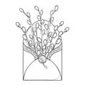 Vector bouquet with outline Willow branch in open craft envelope in black isolated on white background. Twig with contour Willow. Royalty Free Stock Photo