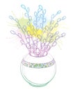 Vector bouquet with outline Willow twigs in round vase in pastel pink and blue isolated on white background. Branch with Willow.